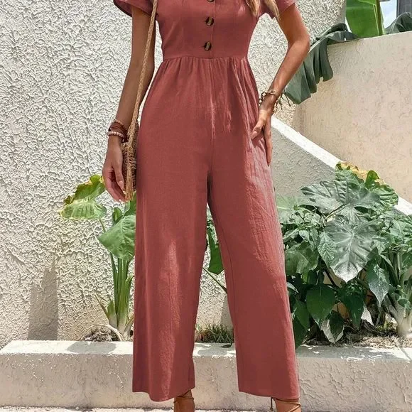 New Puff Sleeve Zip Back Jumpsuit Redwood - Picture 4 of 7